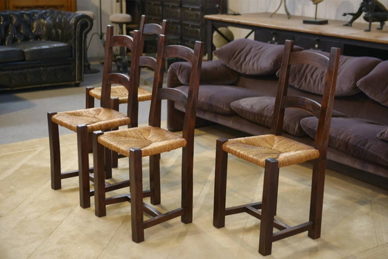Set of 4 chairs in elm and straw by Aranjou 1950s, Dining chairs, Wood, Vintage (photo 12 of 14)