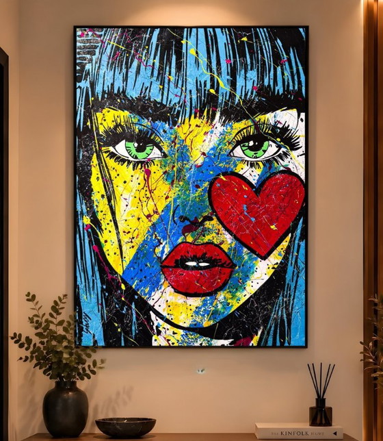 Pittura Pop Art, volto di donna con cuore, Dipinti e disegni, Tela, Blu (foto 5 di 15)