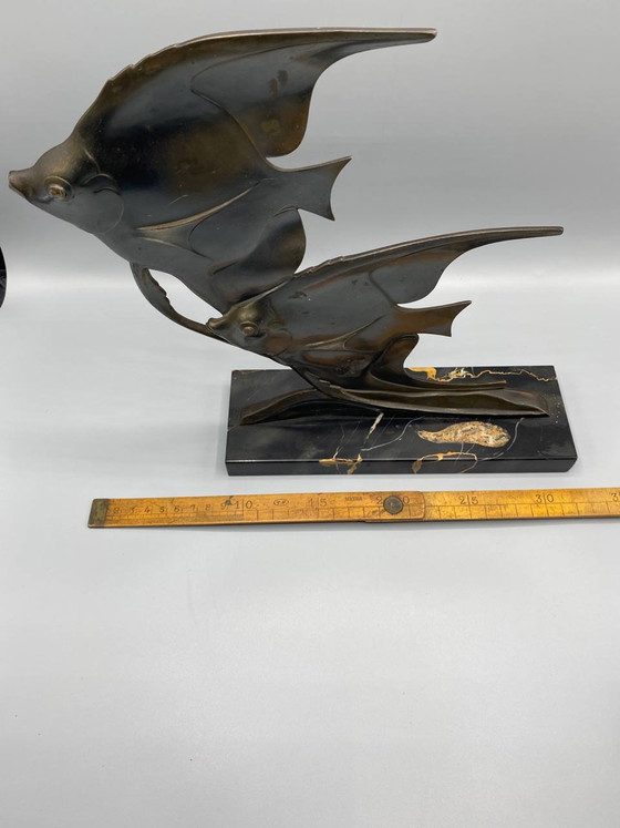 Art-déco-Skulptur – Zwei Skalarfische – Signiert M. Font – Bronze und Portoro-Marmor – Bildhauerei, Art Deco (photo 7 of 7)