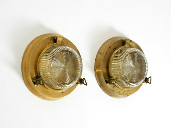 Image 1 of A pair of large, heavy 1950s original maritime ship wall lamps made of brass and glass