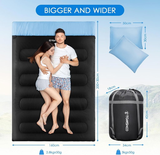 TOMSHOO Sac de Couchage Double 230×160cm, Duvet 2 Personnes Sac de Couchage Rectangulaire Détachable avec 2 Oreillers, Sac de Co