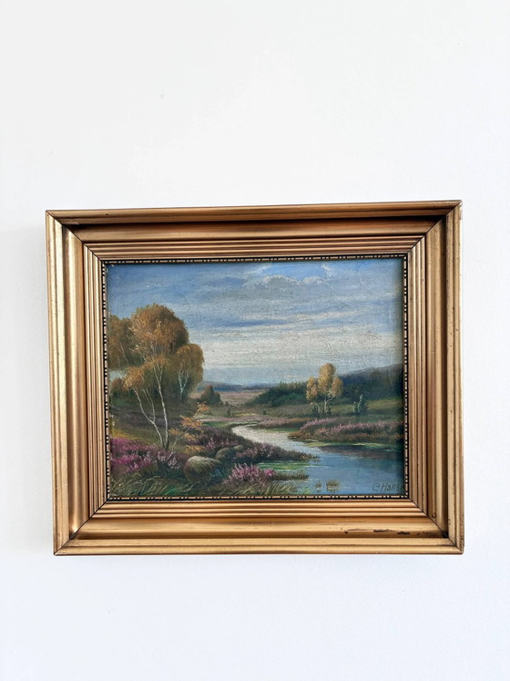 Image 1 of Peinture à l'huile originale vintage représentant un paysage de rivière
