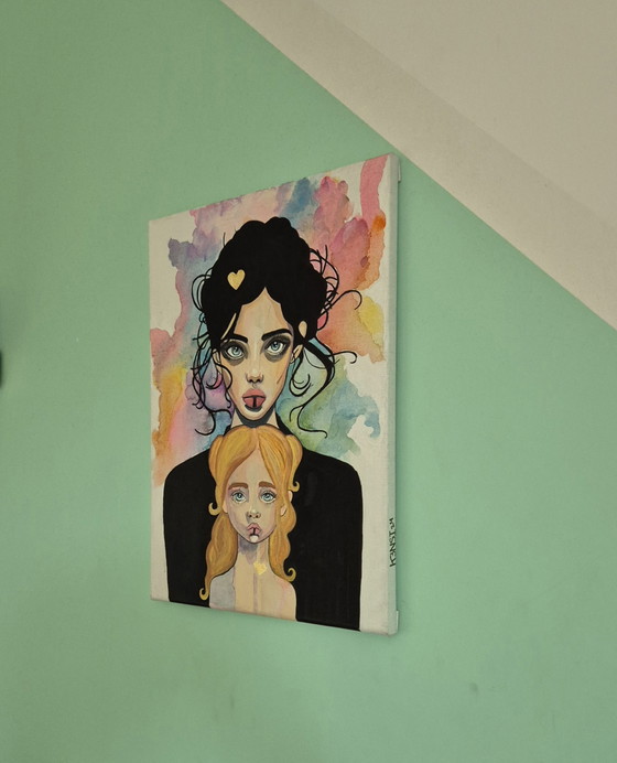 Image 1 of Mère et fille – Portrait contemporain en techniques mixtes