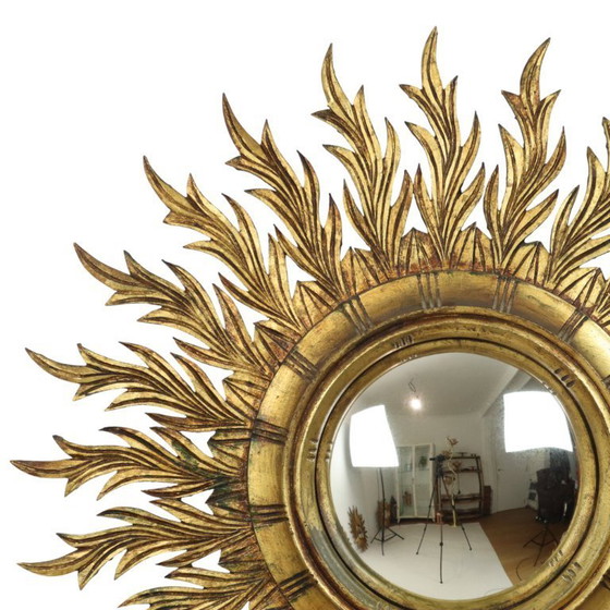 Image 1 of Large Rare Wooden Sun Mirror Sunburst Gold Leaf XL 86cm