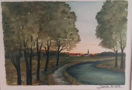 Vlaamse Aquarel "Zomeravond" - Walter LAMON - 1982 - Vintage Aluminium Lijst