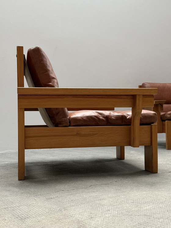 Image 1 of MODULAIRE STOEL SOFA SER PIEF HOUT MASSIEF COGNAC LEATHER IN KARIN MOBRING STIJL, SCANDINAVIA 1970