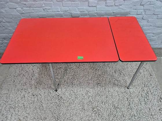 Image 1 of Vintage Design Rectangular Extendable Formica Kitchen Table in Orange with Chrome Legs – The Netherlands, 1960s