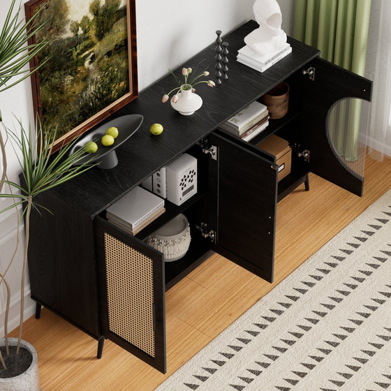 Image 1 of Credenza nera Urban Meuble con ante in vetro in rattan, anta semicircolare 160*40*80cm VELZU