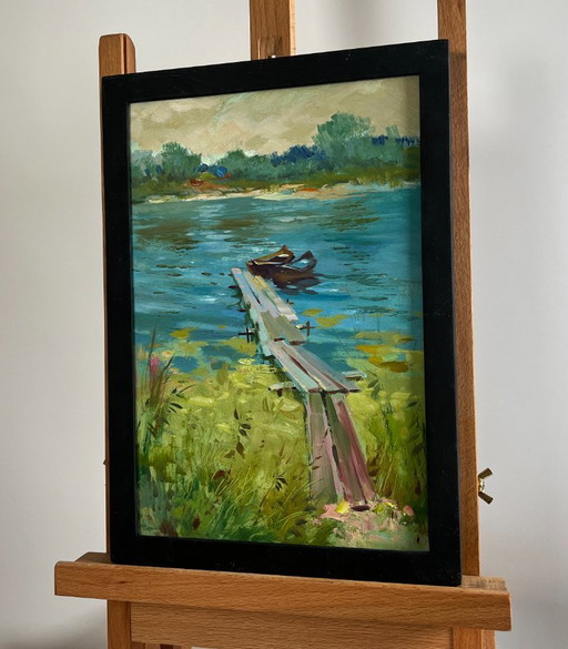 Original Oil Painting Summer River Landscape Boats at rest by the river
