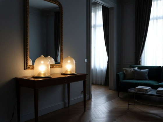 Image 1 of Paar La Murrina koepellampen uit de jaren 70, pulegoso glas en verguld messing