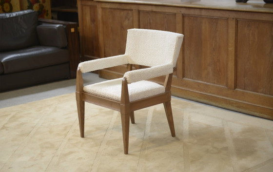 Image 1 of Modernistische Art Deco fauteuil in essen en ecru bouclé stof van Pierre Gouffé, jaren 40