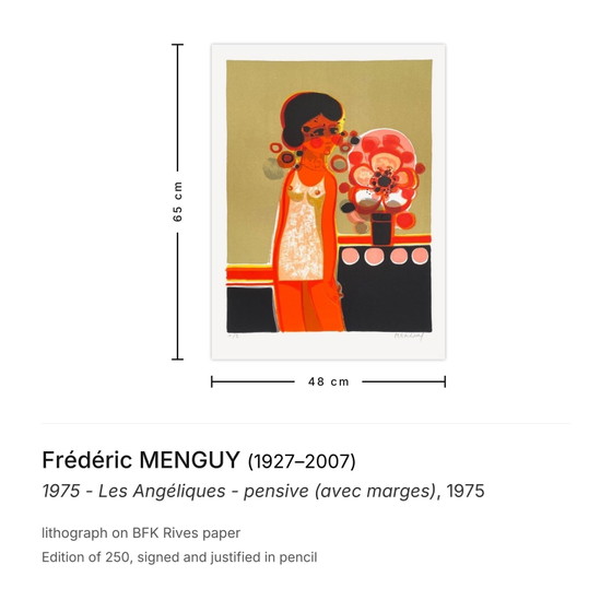 Frédéric Menguy Signed Lithograph 1975 - Les Angéliques - Pensive (with margins) – Lithographs & prints, Paper (photo 3 of 5)