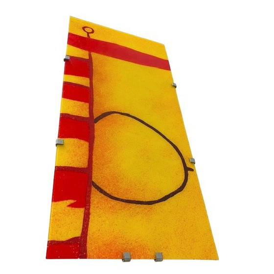 Image 1 of Vintage Ikea Gyllen Gotö wall lamp glass panel yellow and red abstract art 1990s
