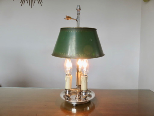 Antique French bouillotte lamp in chromed bronze and lacquered sheet metal, 1930