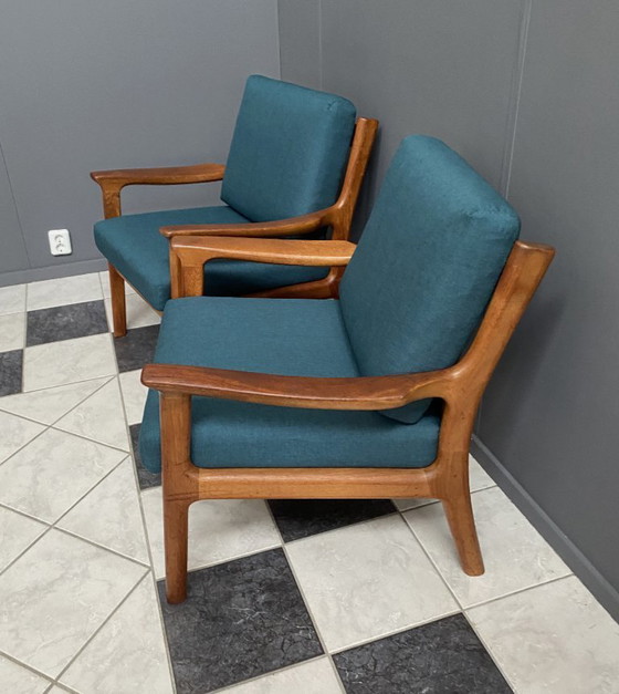 Image 1 of Ensemble de chaises danoises en teck de Jull Kristensen, années 1960, avec un nouveau revêtement vert.