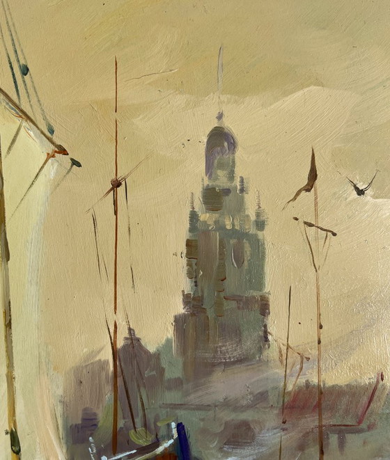 Image 1 of Pintura al óleo original Paisaje urbano al atardecer Atardecer en el muelle