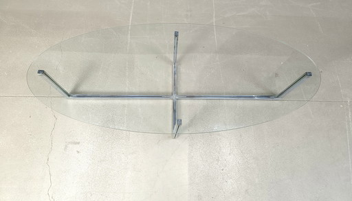 Tavolino da caffè ovale vintage in vetro e cromo, anni '70