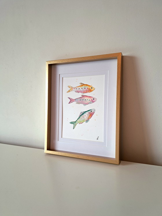 Image 1 of Watercolor painting colorful Sardines | With frame