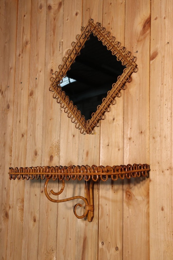 Image 1 of Spiegel en rotan standaard van Franco Albini, Italië 1960