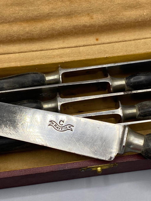 6 C. Raffin Horn-Handled Table Knives in Original Box – besteksets, Metal, Canvas (photo 2 of 3)