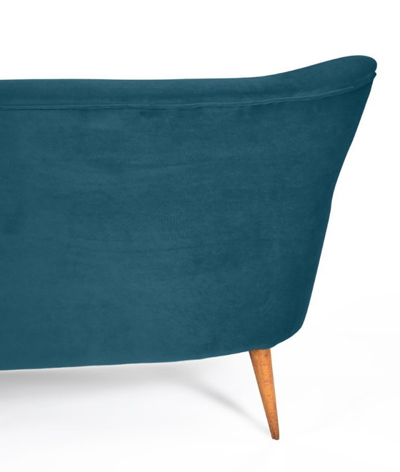 Image 1 of Elegant Three-Seater Velvet Sofa, 60s, Dark Ocean Blue, Restored