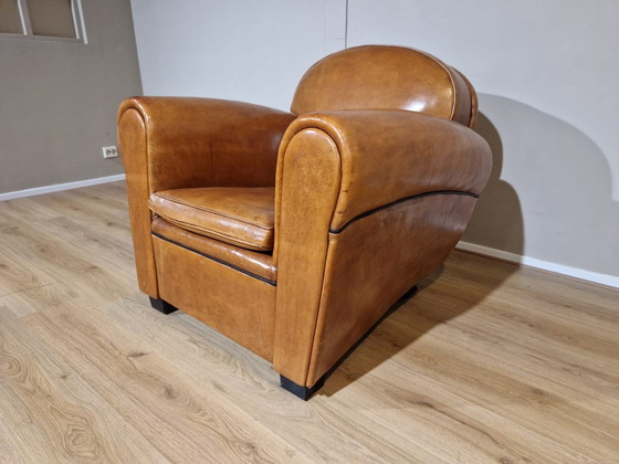 Image 1 of Vintage Sheepskin Leather Club Armchair - Brown - Cognac