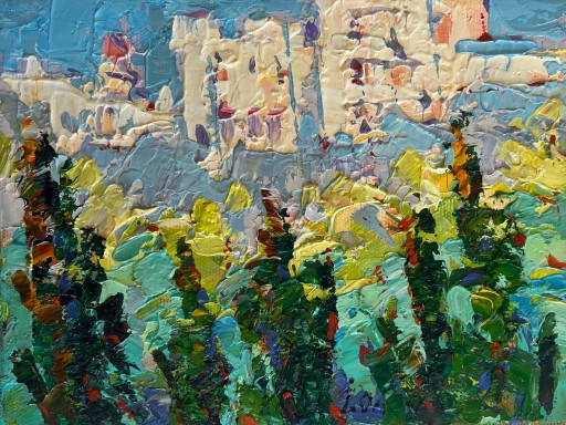 Originales Ölgemälde: Sommerliche Stadtlandschaft, sonnige Sommerstadt