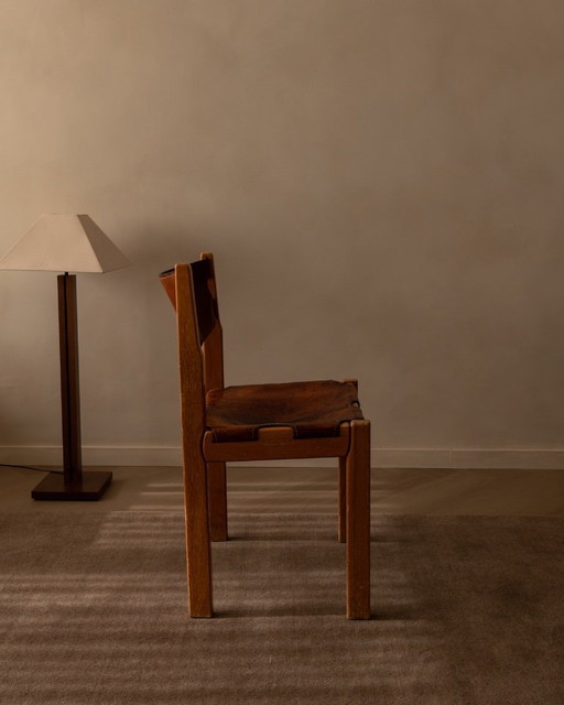 Sedia vintage Maison Regain in olmo e pelle color cognac, Francia anni '70