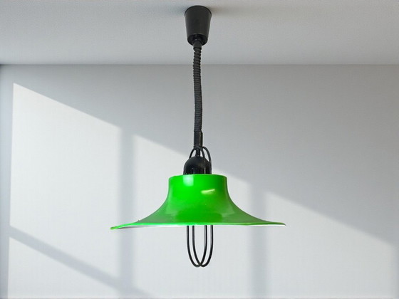 Image 1 of Industriële groene metalen intrekbare eetkamerlamp, jaren 1070