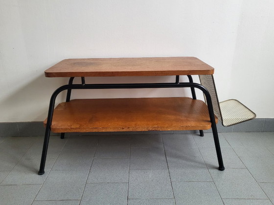 Image 1 of Tavolino da caffè/portariviste vintage anni '50 in acciaio e faggio - Stile Rockabilly Zazou