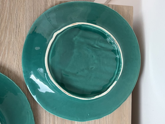 Image 1 of Splendido set di 4 piatti francesi Barbotine per asparagi – Maiolica turchese