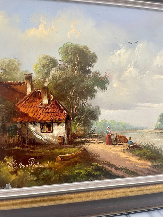 Image 1 of Cuadro de época firmado W.E. van Rolland - Paisaje rural - Óleo sobre tabla - Marco de madera