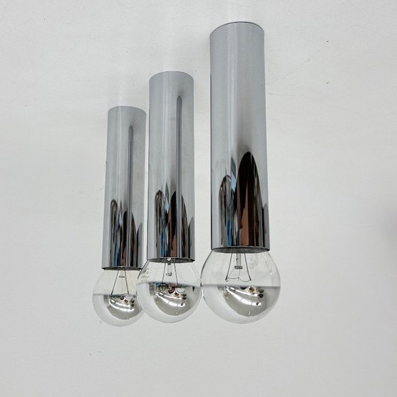 Image 1 of Set di 3 lampade da soffitto/parete minimaliste con tubo cromato, anni '70