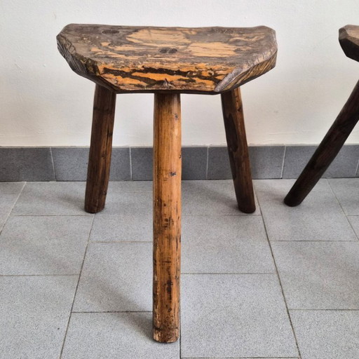 Pair of Vintage Brutalist Tripod Stools 1970s in Oak 70s DLG Marolles
