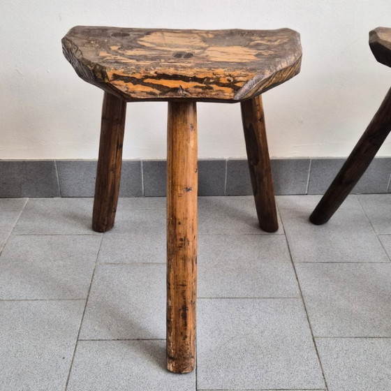 Image 1 of Pair of Vintage Brutalist Tripod Stools 1970s in Oak 70s DLG Marolles
