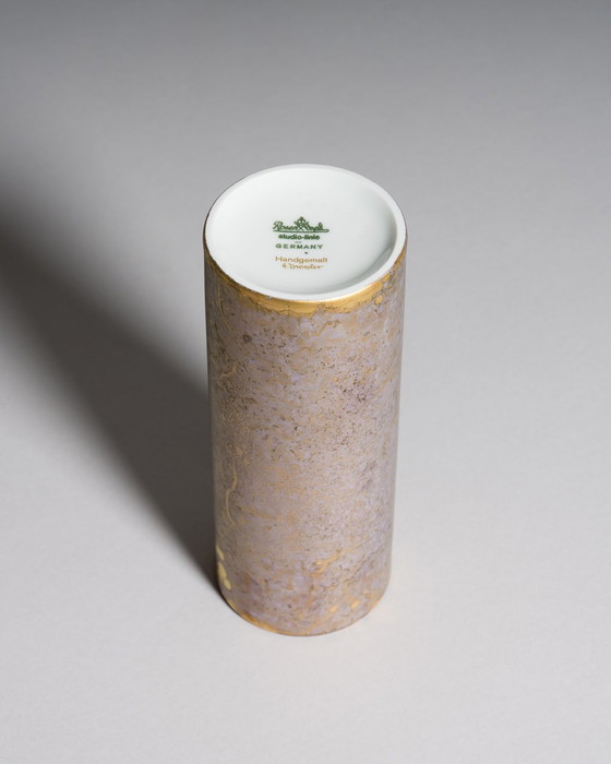 Image 1 of Exquisite Hand-Painted Helmut Drexler Porcelain Set of Five Vessels – Gold & Violet-Grey ‘Goldfeuer’ Series