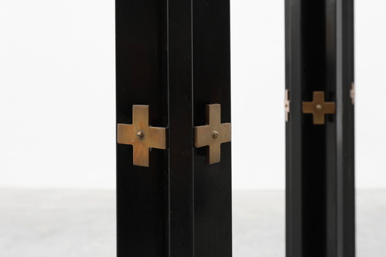 Image 1 of Rare set of 4 very large church candle sticks in black metal and copper, 1960s