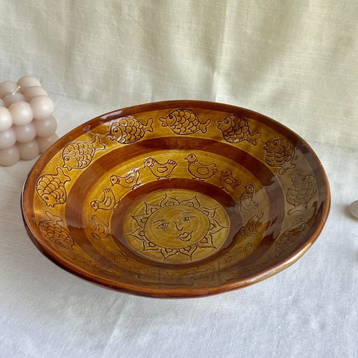Large 30cm Claire Landolt Signed Swiss Studio Pottery Bowl - Sun Face