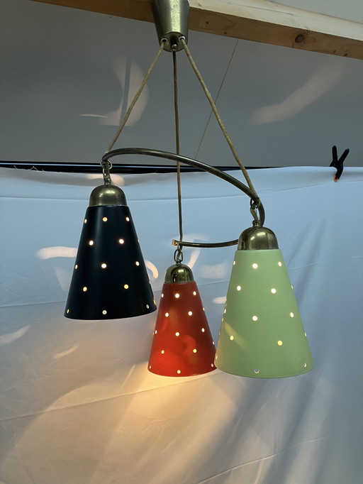 Vintage mcm 1950s pendant lamp brass, perforated shades
