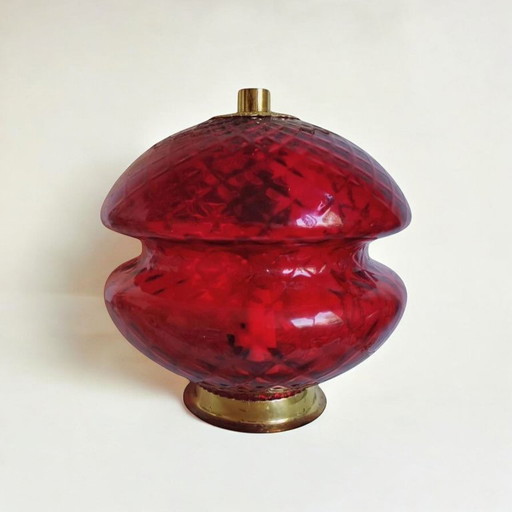 A classic! Mid - Century table lamp from the Czech Republic with red glass and brass sockets. Original 1960s lamp.