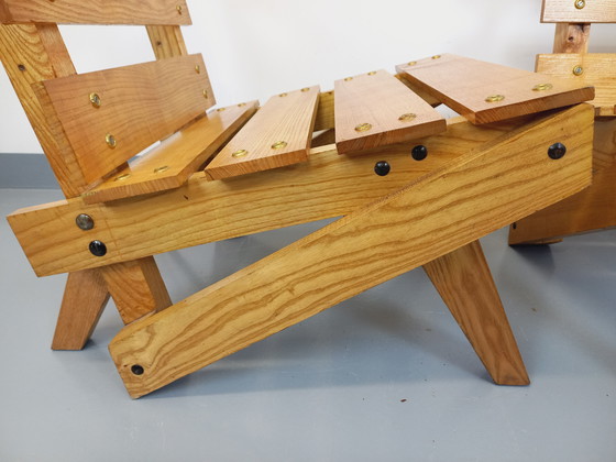 Image 1 of Pair of Vintage 60's Wooden Brutalist Slatted Chauffeured Armchairs