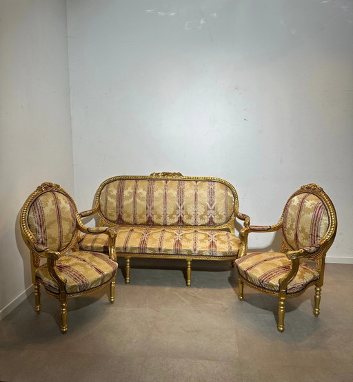 Juego de salón antiguo francés estilo Luis XVI + mesa de centro de mármol – zithoek