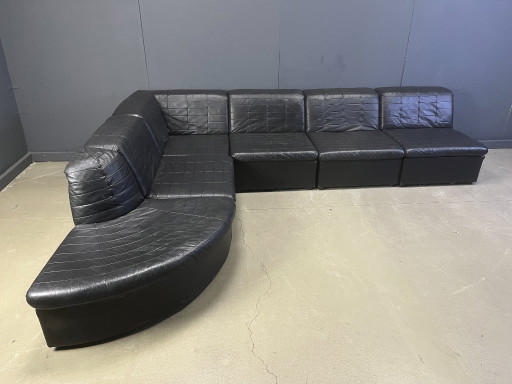 Ensemble de canapés modulaires vintage en cuir patchwork noir de Laauser, années 1970