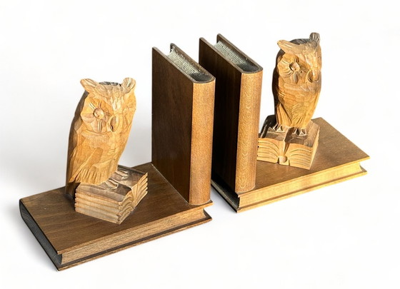 Image 1 of Vintage Hand Carved Bookends Wood Owls