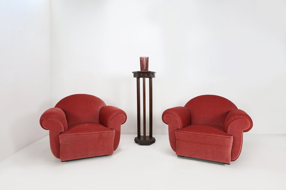 Image 1 of Ensemble de 3 fauteuils en velours rouge Art déco, années 1930