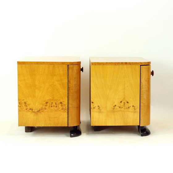 Image 1 of Art Deco Bedside Tables In Root Veneer, Czechoslovakia 1940s