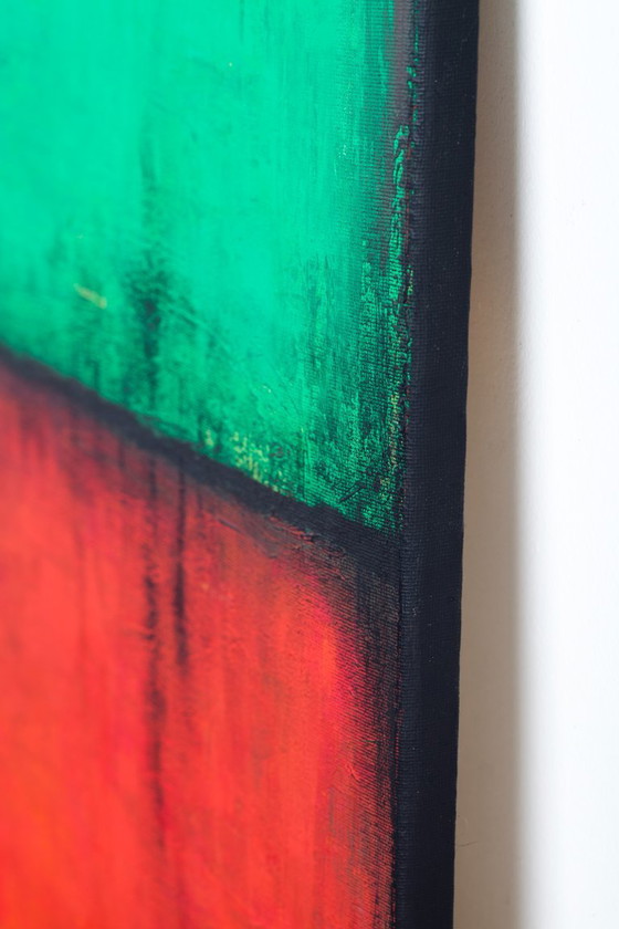 Image 1 of Peinture abstraite moderne à l'acrylique verte et rouge sur toile tendue