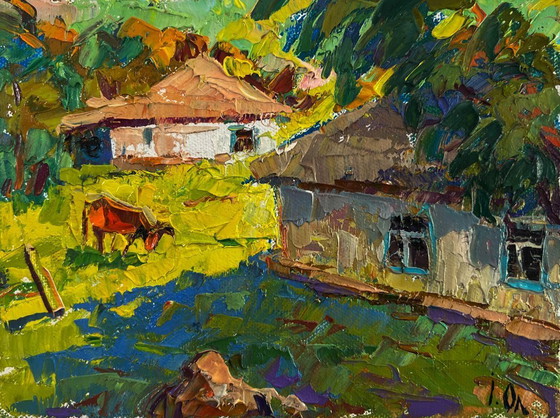 Image 1 of Original Oil Painting Summer Village Landscape Work silence under the evening sky