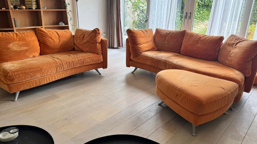 Rolf Benz orange sofas / sofa set with pouf / ottoman - Modern, organic & timeless