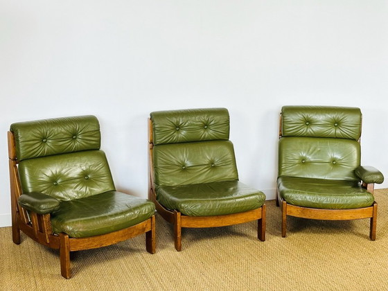 Image 1 of Scandinavian sofa in green leather and oak, 1960, Set of 3